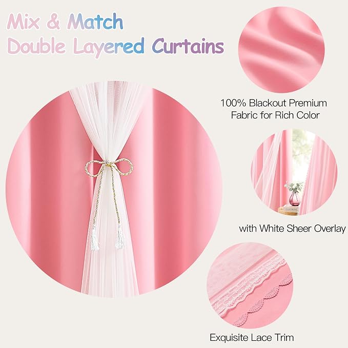 XiDi Pink Blackout Curtains with Sheer Overlay for Girls Kids Bedroom 96 Inches Long Princess Nursery Pink Lace Double Layer Curtains Thermal Insulated Room Darkening Grommet Drapes 2 Panels W34xL96
