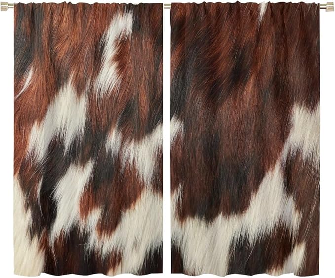 Cow Blackout Curtain,Animal Print Brown Cowhide Western Rustic Farm Farmhouse Window Treatments Rod Pocket Curtain for Bedroom Living Room Kitchen Decor Drapes 72x63in
