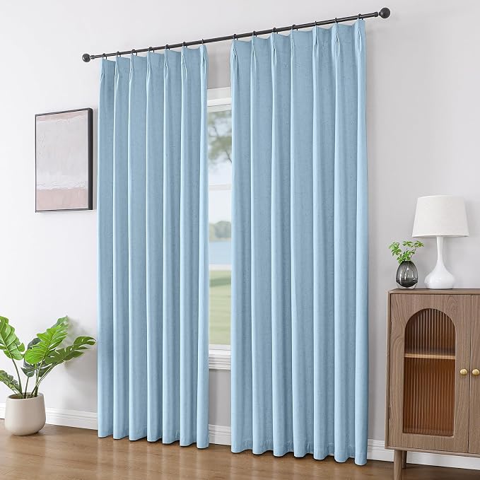 Joydeco 100% Blackout Pleated Curtains, Linen Window Curtains 2 Panel Sets 108 inches Long, Thermal Insulated Darkening Drapes for Bedroom(Chambray Blue,40'' Wx108'' L)