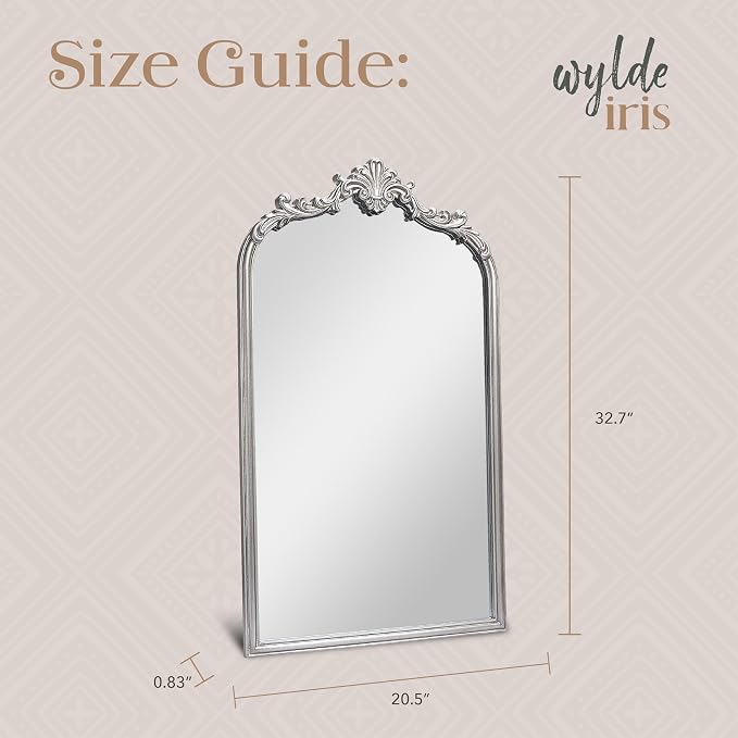 Wylde Iris English Estate Carved Arch Wood Wall Mirror, Mirror for Entryway, Living Room, Bathroom, Antique Silver, 20.4x33