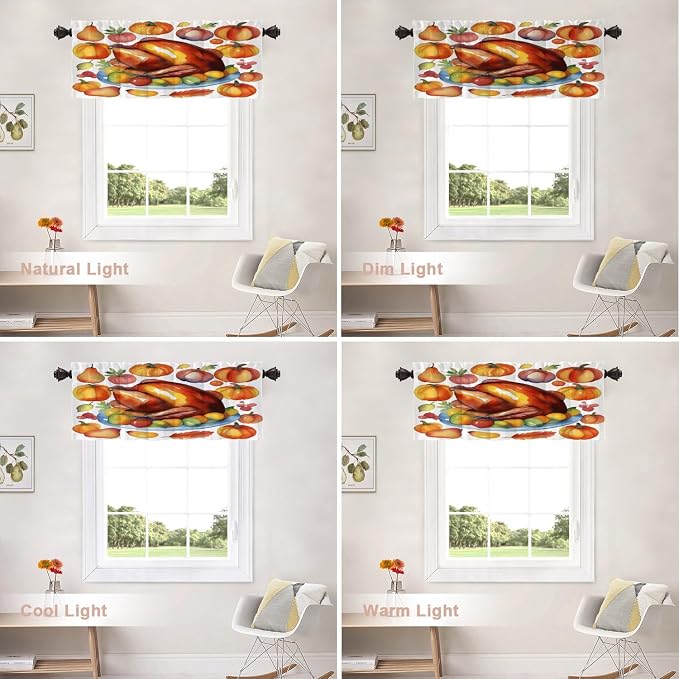 Shrahala Turkey Pumpkin Thanksgiving Blackout Short Curtains for Windows, Watercolor Fruits Delicious Food Pears Kitchen Valance Thermal Insulated Rod Pocket Window Treatment 2 Pack 52 X 16 in