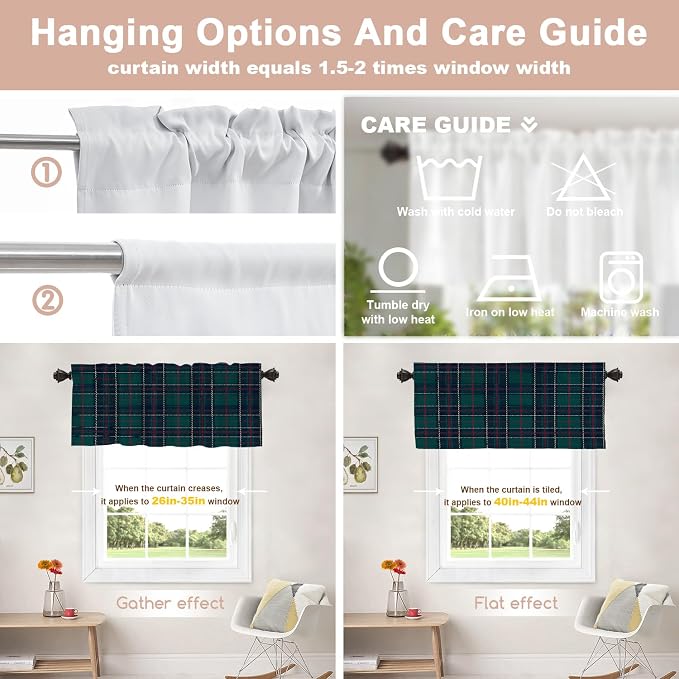 Shrahala Tartan Plaid Kitchen Valances, Green Scottish Fabric Kilt Twill Woven Half Window Curtain Window Treatment Multilayer Polyester Blackout for Living Room Bathroom 52 x 18 in