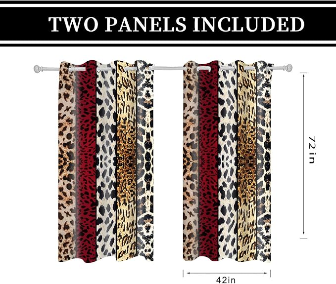 Wild Animal Print Curtain, Room Darkening Thermal Insulated Blackout Leopard Boa Window Drapes with Grommets for Living, Dining, Bedroom, Red Leopard Print, 42"x 72", 2 Panels