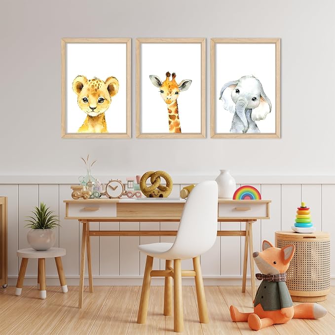 Nursery Decor Safari Baby Animal Giraffe Elephant Lion 3Pc 16x24 Wood Frame | Cute Prints Sign Wall Art for Children's Room