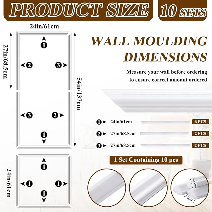 Pangda Peel and Stick Wall Molding Kit, 3D Premade Accent Molding Wainscoting Panel for Interior Wall Moulding Decor, Ready to Assemble Wainscoting Accent Panel(10 Set,24 x 54 in)