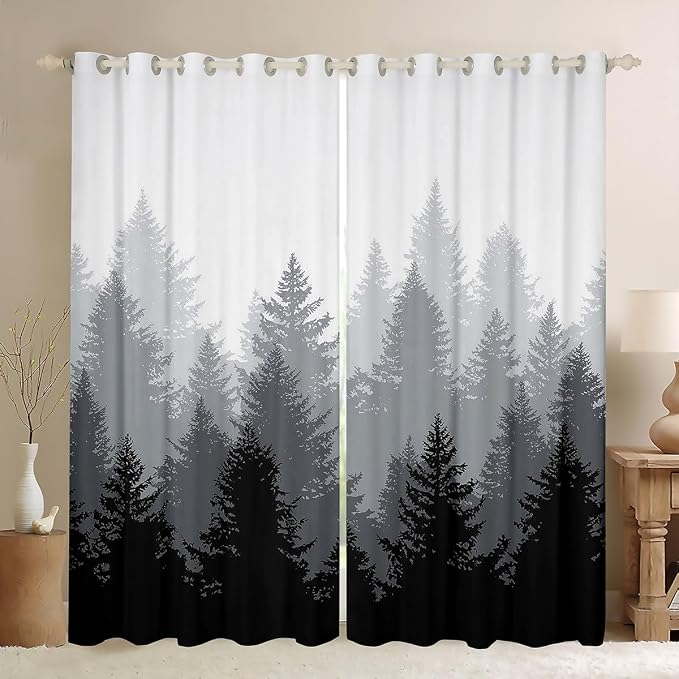 Smoky Mountain Window Curtains 52"Wx63"L, Fog Landscape Window Treatments for Kids Boys Teens Men, Pine Tree Nature Drapes 2 Panels Bedroom Living Room Decor Black Grey