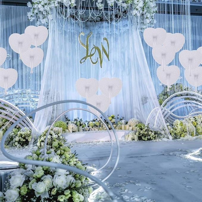 60 Pcs White Heart Paper Fans | Foldable Handheld Fans for Women,Folding Hand Fans for Wedding,Bridal Guest,Church,Party Favors,Dancing,Birthday,DIY