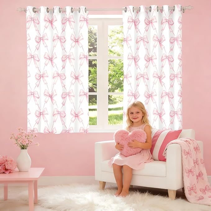 Feelyou Bow Room Darkening Blackout Curtain Boys Girls (2 Panels, 38 x 54 Inch) Pink Girls Bow Curtains for Bedroom Living Room Cute Bowknot Blackout Curtains Kawaii Window Treatments