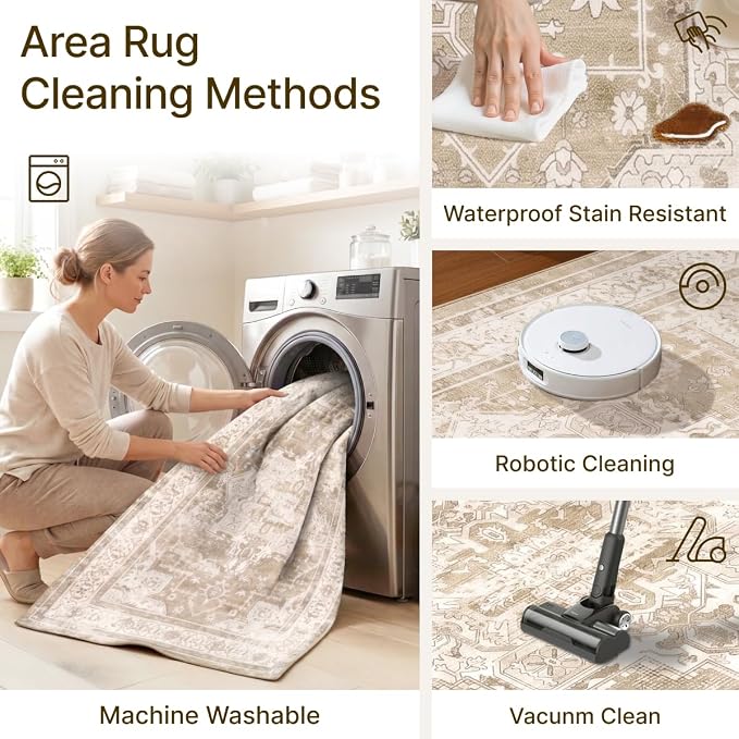 10x14 Area Rug for Living Room-Vintage Farmhouse Boho Floral Neutral Washable Stain Resistant Indoor Carpet for Bedroom Office and Home Decor(Beige&Brown)
