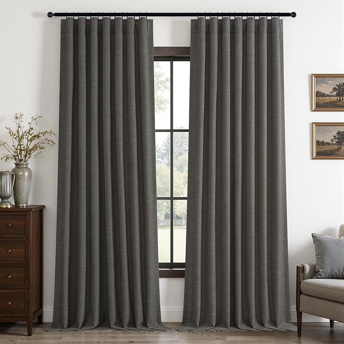 Topfinel Charcoal 90 Inch Long Blackout Bedroom Curtains Back Tab & Rod Pocket, Modern Farmhouse Blend Linen Panels for Track System, Modern Chic Carbon Grey Noise Cancelling Drapes 52" W*90" L