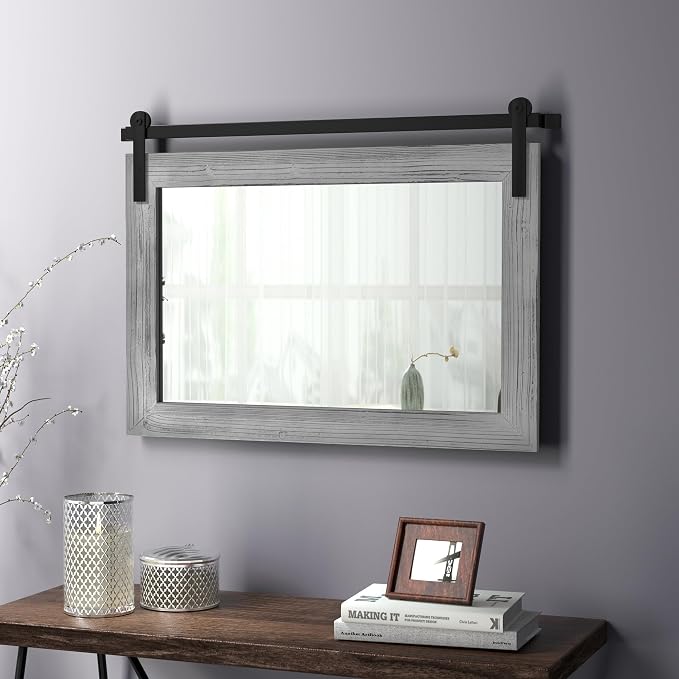 COGOOD Bathroom Mirrors for Over Sink - 41" x 30" Farmhouse Barn Door Mirror for Living Room, Entryway, Bedroom, Vanity Wall Decor Grey
