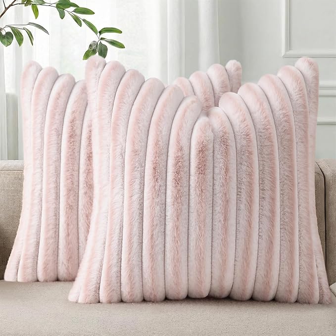 Pallene Faux Fur Plush Throw Pillow Covers 24x24 Set of 2, Luxury Soft Fluffy Striped Decorative Pillow Covers for Sofa, Couch, Living Room, Ombre Pink
