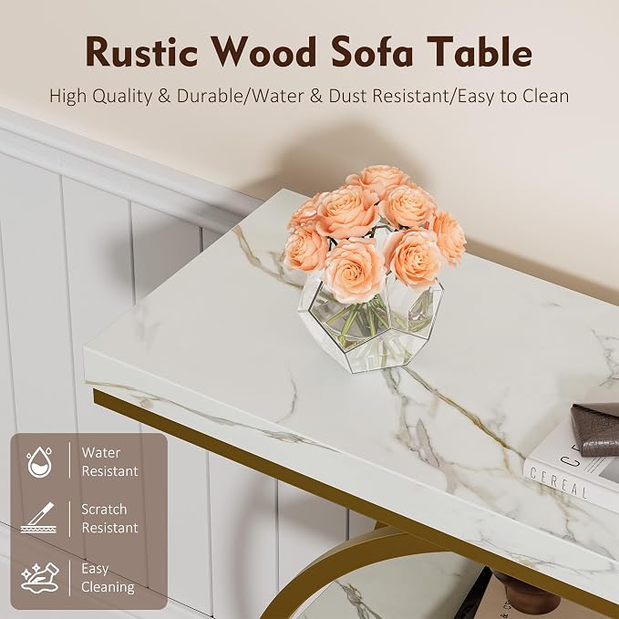 41.3" Console Table, Modern Sofa Table with Circle Base, 4-Tier Narrow Entryway Table for Hallway, Slim Industrial Accent Table with Storage Shelves for Living Room, White & Gold