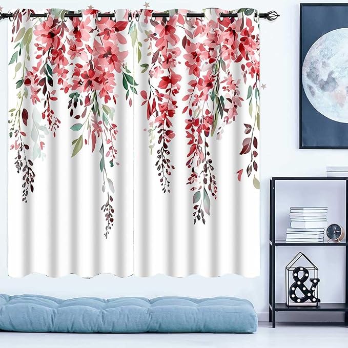 Red Watercolor Floral Curtains, 42x63 inch, 2 Panels | Botanical Leaves Vine Flowers, Rustic Farmhouse Style, Blackout Window Treatment, For Bedroom Living Room