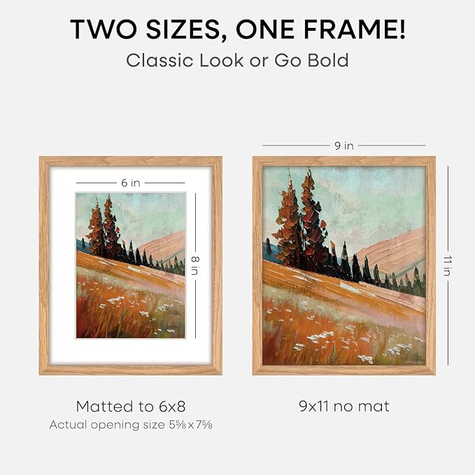 Homeforia 9x11 Picture Frame Wood, High End Natural Oak 9 x 11 Light Wooden Frames with Mat 6 by 8 in Photo, 9by11 Frame Matted to 6x8 Print, Wall or Tabletop Frame, Tempered Glass, Wall Kit, Set of 2