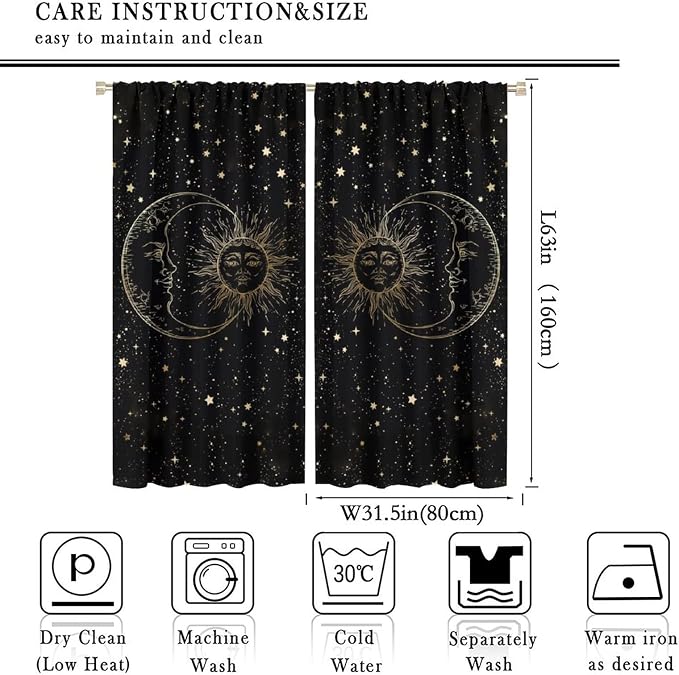 Sun Moon Blackout Windows Curtains, Golden Sun Moon and Stars Black Sky on Bohemian Style Curtains, for Living Room Bedroom 63x63in 2 Panels