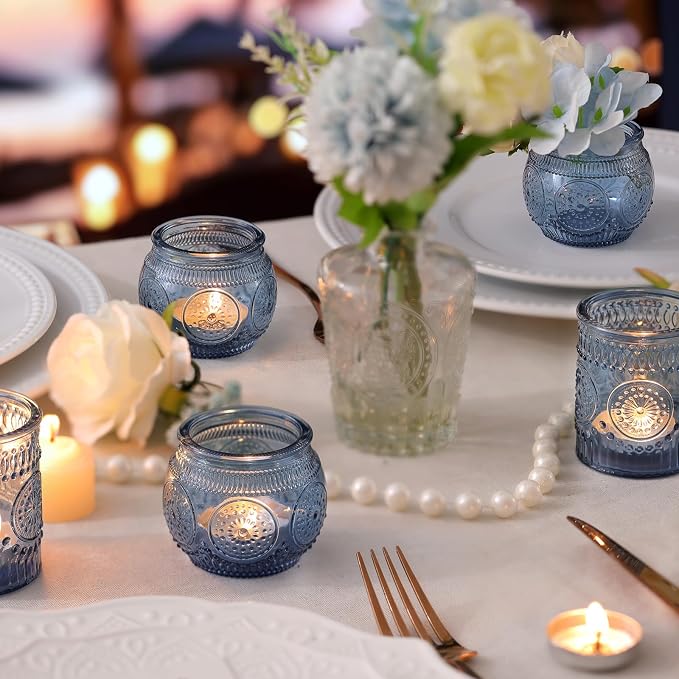 DARJEN Blue Votive Candle Holders Set of 36 - Votive Candle Holders Bulk, Glass Candle Holder for Party Decoration, Tea Lights Candle Holders for Wedding