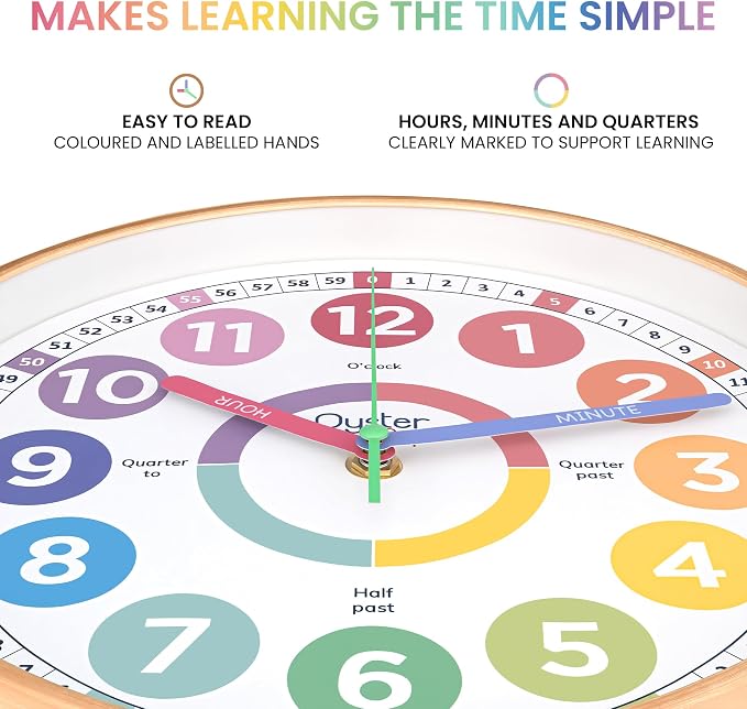 Oyster&Pop Kids Clock - Silent 10" Pastel Analog Learning Wall Clock - Award-Winning Telling Time Teaching Clock for Kids - Bedrooms Homeschool & Classrooms - Includes eBook