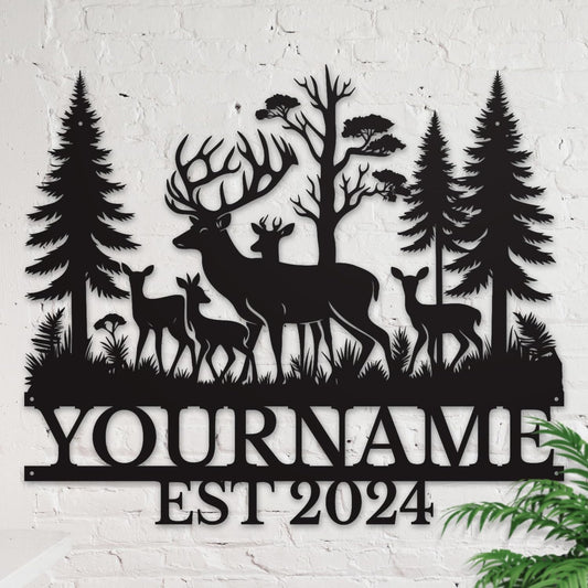 Personalized Deer Forest Name metal Signs,Custom Shed Metal Wall Decor,Black Deer Metal Wall Art Decor,Deer Home Metal Signs Plaques,Outdoor wall Decorative Signage (Style E)