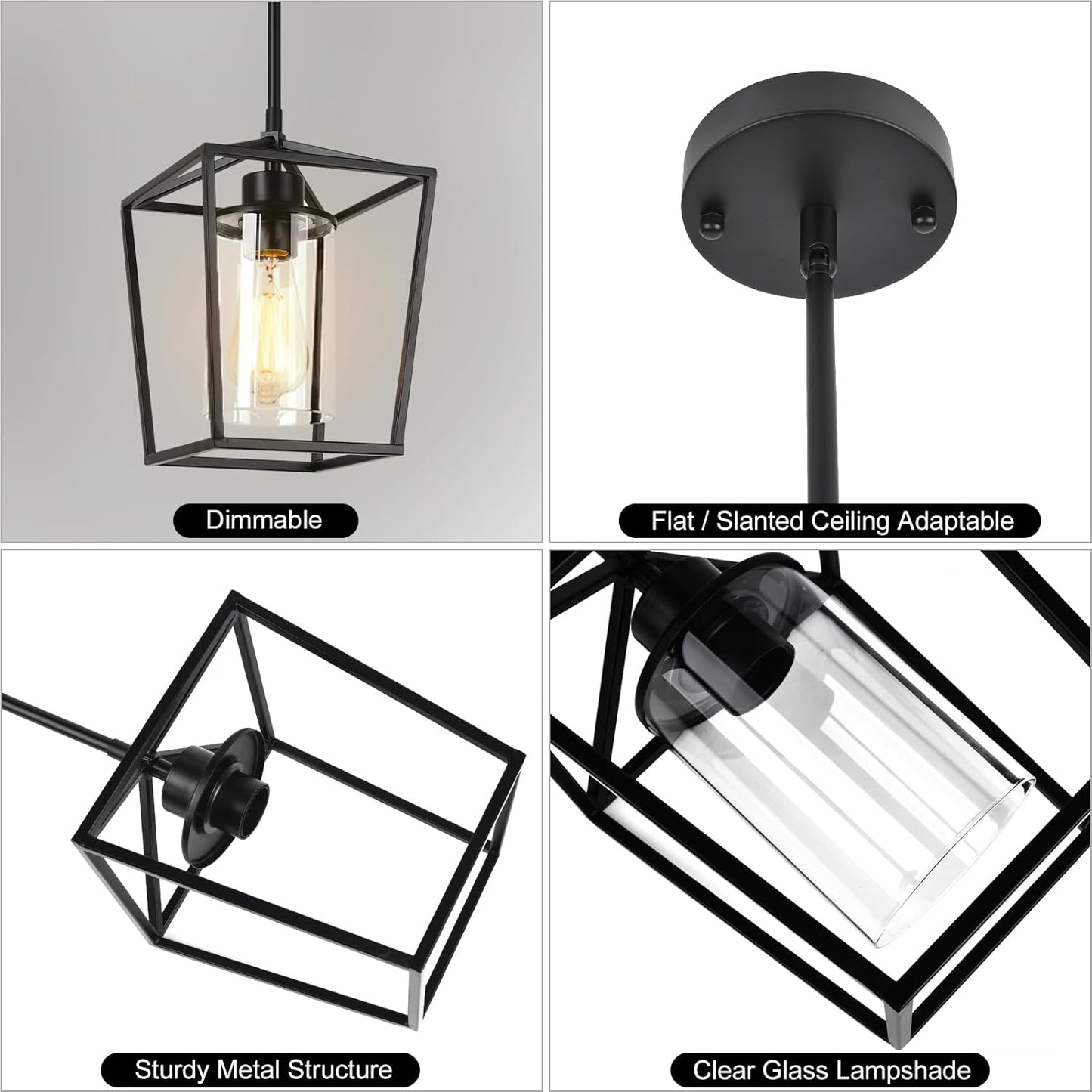3 Pack Black Pendant Lights for Kitchen Island, 1-Light Farmhouse Metal Pendant Light Cage Kitchen Hanging Light Fixtures with Clear Glass Shade for Dining Room, Entryway, Hallway, Foyer