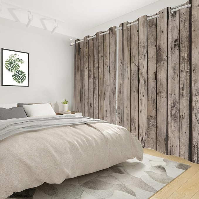 Rustic Curtains Vintage Grey Wood Barn Door Window Curtains Wood Planks American Rural Garage Door Drapes Earth Tone Wooden Door Window Treatments Native Farmhouse Decor,53x96 inch,2 Panels