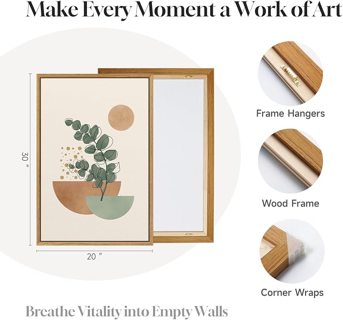 Large Framed Abstract Boho Wall Art for Living Room, 3 Piece Botanical Sage Green Plant Canvas Artwork for Walls, Minimalist Neutral Geometric Line Prints Paintings for Dining Room Hallway 20x30 Inch