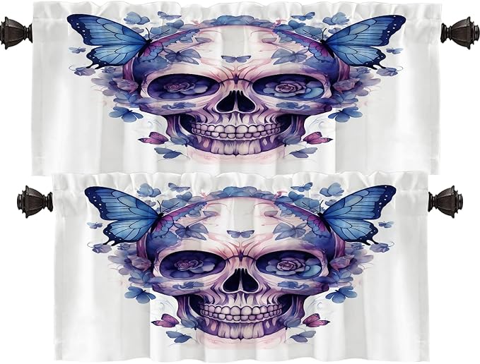 Shrahala Halloween Watercolor Skull Blackout Short Curtains for Windows, Purple Blue Gothic Butterflies Flowers Kitchen Valance Thermal Insulated Rod Pocket Window Treatment 2 Pack 52 X 16 in