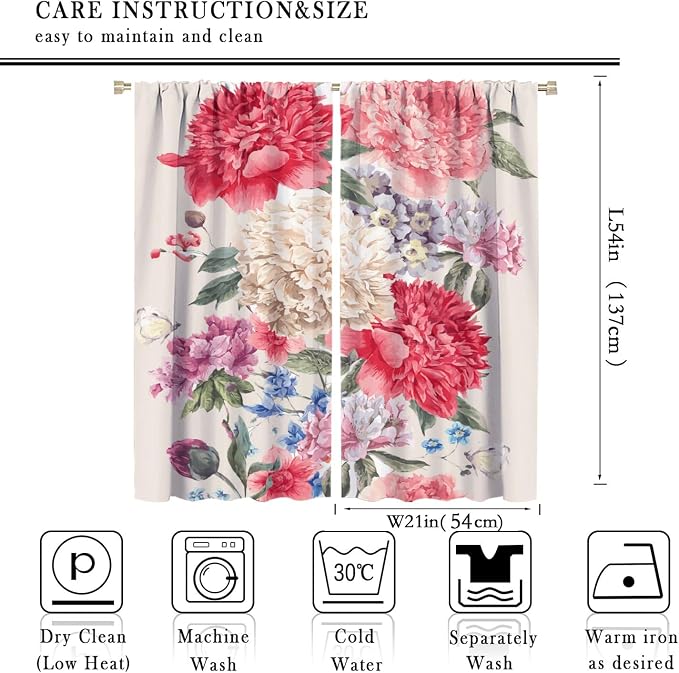 Floral Blackout Window Curtain Vintage Bouquet of Peony Wild Flowers Nature Botanical Leaf for Home Kitchen Restaurant Decoration Drapes 2 Panels 42x54 Inch