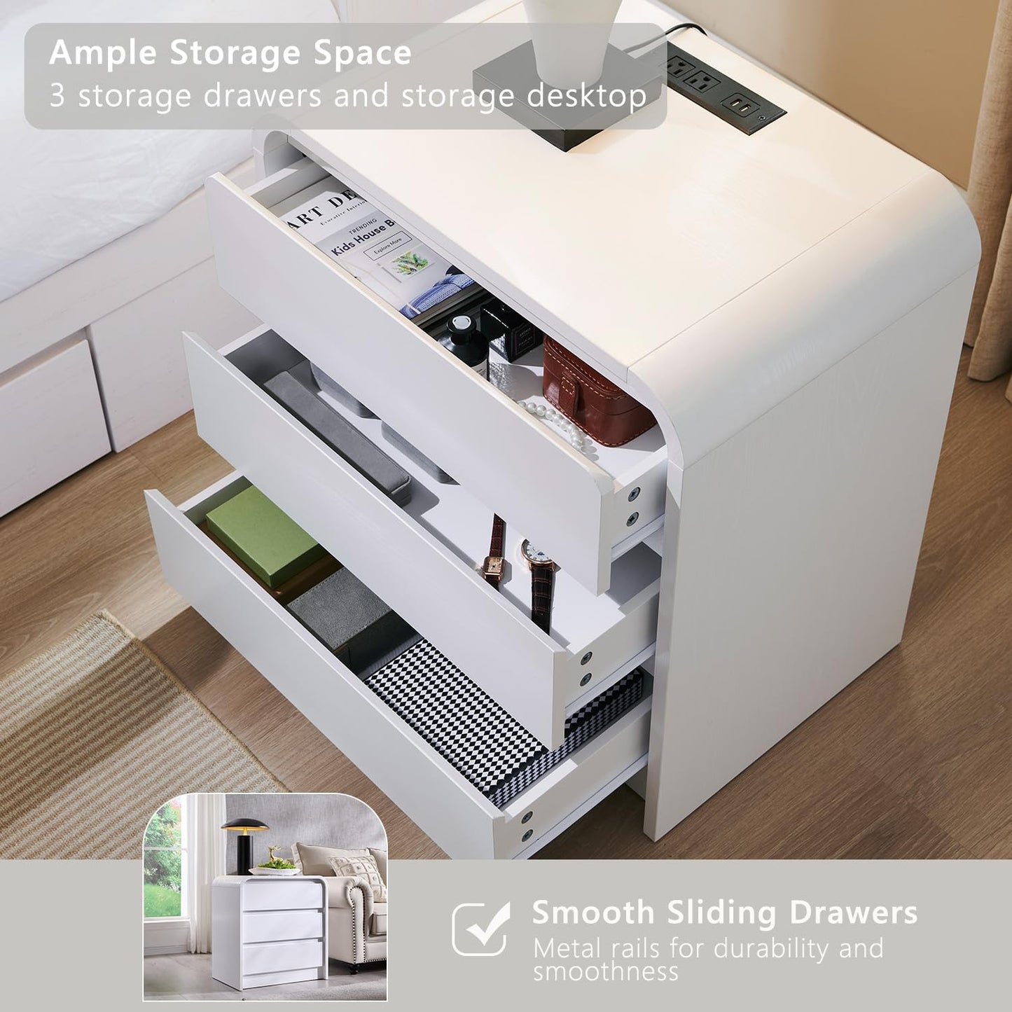 25" Tall Modern Nightstand Set of 2, 23.6" Wide Wood Bedside Table with Charging Station, 3 Storage Drawers Side Table w/Curved Profile Design, End Table for Bedroom, White