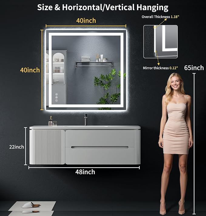 40"x40" LED Bathroom Mirror with Lights, Backlit + Front Lit with CRI>90, Lighted Mirror for Bathroom, Anti-Fog, Dimmable Brightness, 3 Colors, Memory Function, Shatterproof Tempered Glass