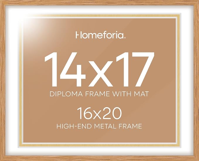 Homeforia 16x20 Diploma Wood Frame, High End Natural Oak 16by20 Certificate Frames with Mat for 14x17, 20by16 Document Matted Frame, Graduation Degree Wooden Frames, Tempered Glass, Wall Kit, Set of 1