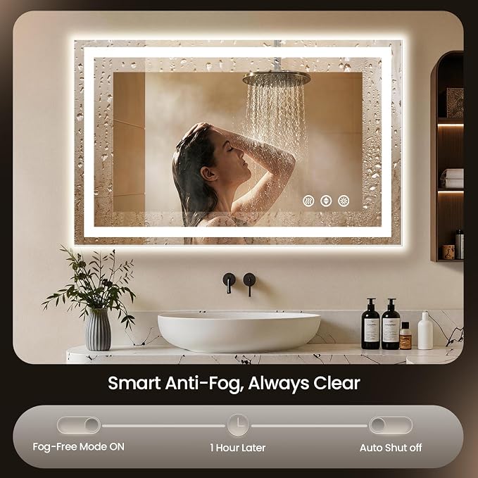 48X40 LED Bathroom Mirror with Lights, Anti-Fog, Backlit + Front Lit (CRI>90), Lighted Bathroom Vanity Mirror for Wall, Memory Function, Dimmable, Tempered Glass, Shatter-Proof