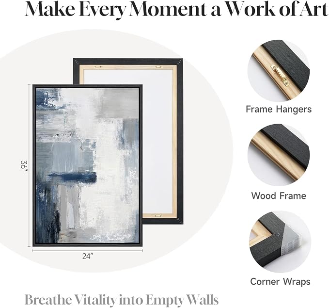 Large Framed Blue Gray Abstract Wall Art Set of 2, Modern Canvas Artwork for Living Room Walls, Minimalist Cool Tone Print Paintings for Bedroom Hallway Home Office Dining Room Wall Decor, 24x36 Inch