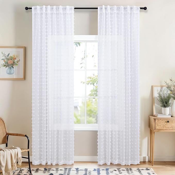 White Bedroom Curtains 90 Inch Length 2 Panels Set for Living Dining Room White Pom Pom Fluffy Farmhouse Boho Drapes for Nursery Kids Teen Back Tab Pocket Curtain for Patio Sliding Door 52x90 Long