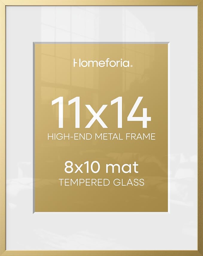 Homeforia 11x14 Picture Frame Gold, High End Metal 11x14 Poster Frames with Mat for 8x10, 11 x 14 Gold Frame Matted to 8 x 10 inch Photo, 11by14 Thin Hanging Frames, Tempered Glass, Wall Kit, Set of 4