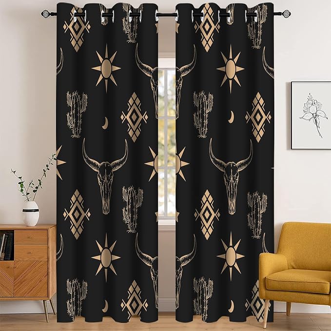 Western Cow Skull Curtains, Black Gold West Aztec Blackout Curtains Room Darkening Grommets Western Drapes, Window Curtains for Living Room Bedroom Decor 2 Panels 52x84 Inch