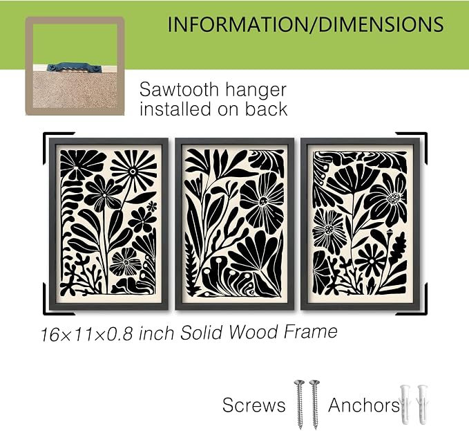 TQianJiang Flower Plant Sign Wall Decor 16"X11" Set of 3 Black And White Botanical Painting Wood Framed for Bedroom Abstract Wildflower Hanging Art (Black)