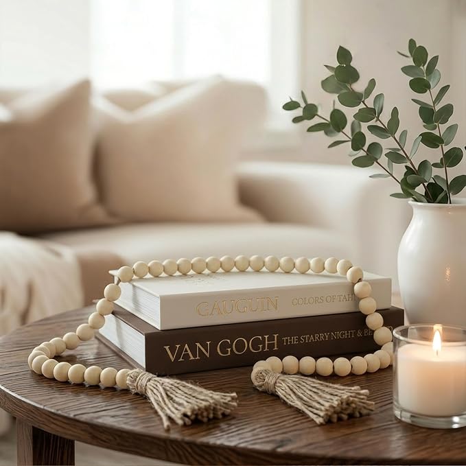 3-Piece Decorative Books for Home Decor with Wood Bead Garland - Stackable Linen Faux Book Box for Coffee Table Styling, Real Fabric Cover Fake Books with Tassel as Display Riser for Shelf