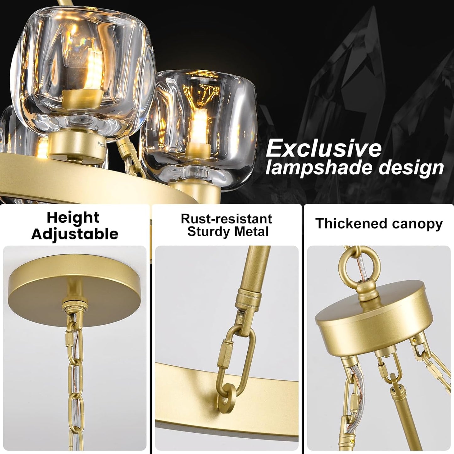 Gold Wagon Wheel Chandelier, 24 Inch Brass Chandeliers with Unique Glass Shade, 6-Light Crystal Farmhouse Wagon Wheel Chandeliers for Dining Room, Round Chandelier for Living Room, Foyer, Entryway