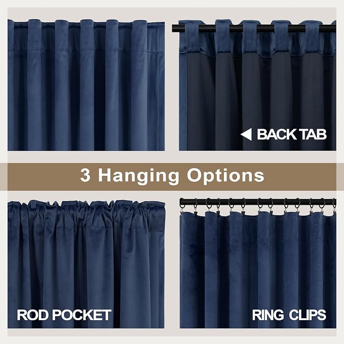 Navy Blue Velvet Curtains 63 Inches Long for Bedroom Nursery Room Darkening Thermal Insulating Window Satin Silk Textured Curtains for Living Room Door Victorian Retro Decor 52x63 Length 2 Panels Set