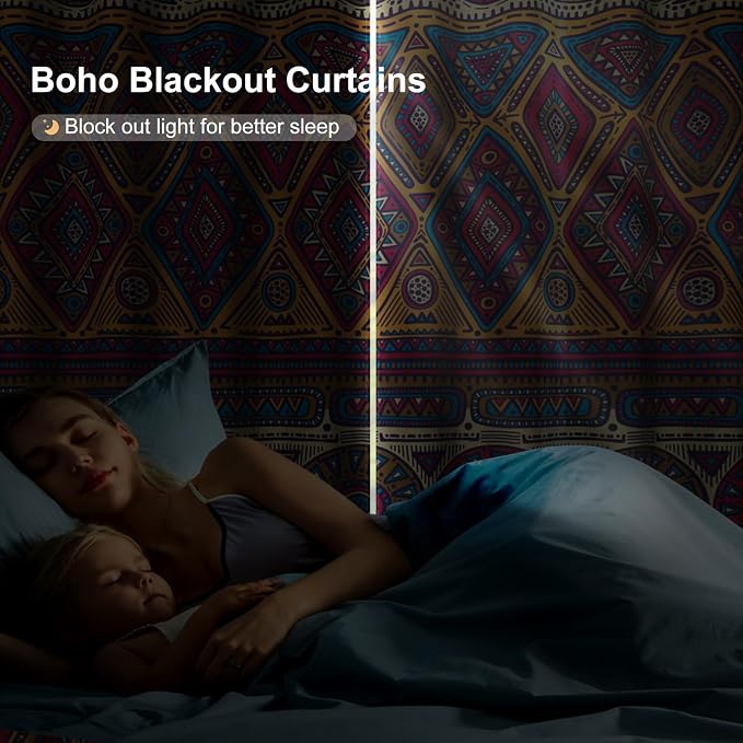 Boho Geometric Patterned Blackout Curtains for Bedroom, Bohemian Living Room Darkening Curtains 84 Inch Length 2 Panels Set, Thermal Insulated Soundproof Bedroom Window Drapes with Curtain Tiebacks