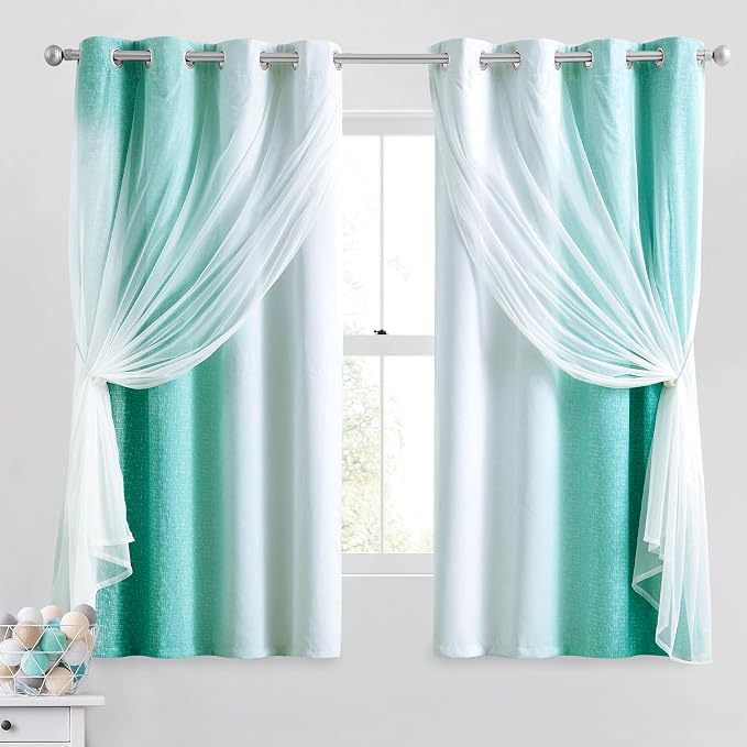 Ombre 100% Blackout Curtains 63 Inches Long 2 Panels for Bedroom Living Room Teal and White Double Layer Sheer Overlay Mix & Match Grommet Thermal Soundproof Drapes with Tiebacks, 52x63
