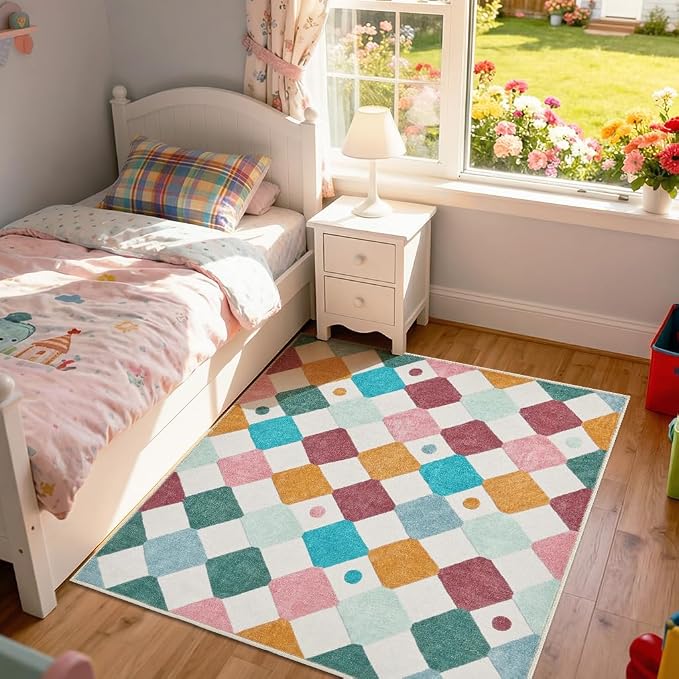jinchan Macy Area Rug for Kids Room 5'x5' Square Rug Modern Colorful Nursery Rug Checkered Diamond Play Mat Washable Soft Non Slip Carpet for Playroom Bedroom Dorm Daycare Confetti on Cream