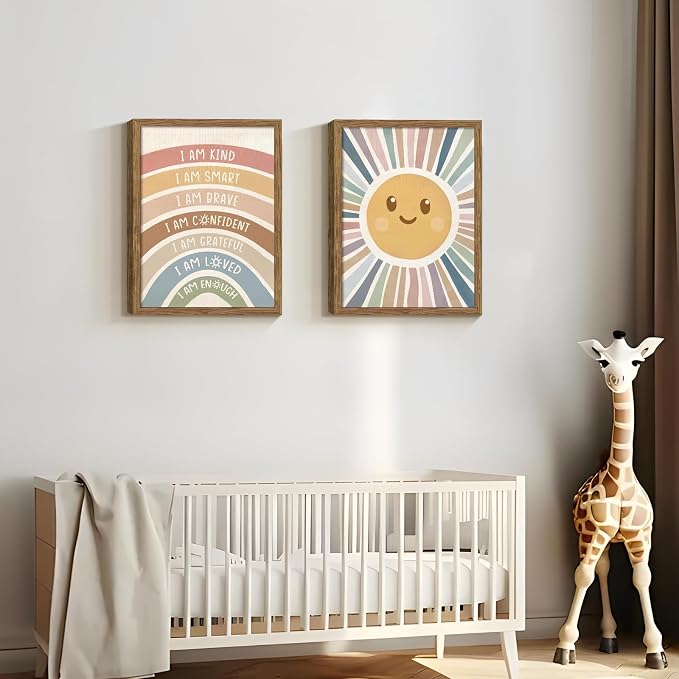 2 Piece Framed Boho Rainbow Kids Room Wall Art 16x24 Inch | Positive Affirmations Playroom Wall Decor, Sun Smiley Face Nursery Painting Canvas Prints for Classroom Toddler Room Decor