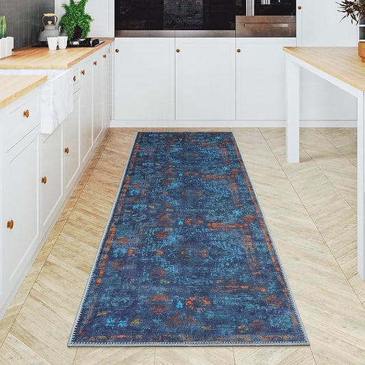 GLN Rugs Contemporary Collection - Machine Washable Area Rug, Contemporary Washable, Non Slip, Low Pile Chenille Rug, Living Room, Bedroom, Kitchen Rug (2'6" x 10' Midnight/Multi)