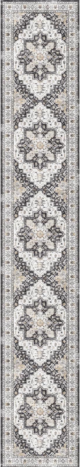 Madane Washable Runner Rugs 2x12 Long for Hallway Kitchen Soft, Black | Non-Slip Vintage Printed 12ft Rug Runners with Rubber Backing, Thin Low-Pile Floor Carpet Laundry Room Entryway, Corridor