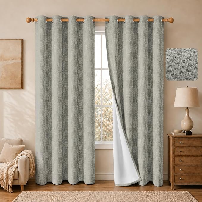 2 Panels 100% Blackout Linen-Textured Curtains, Thick Thermal Insulated Grommet Drapes with Subtle Herringbone Weave, Luxury Decor for Bedroom/Living Room, 54 x 84 Inches, Linen Beige