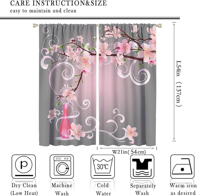 Cherry Blossom Curtains,Pink Flower Japanese Floral Print Window Treatments for Bedroom Living Room Kitchen Polyester Fabric Window Drapes 2 Panels Set,Total Size 42 x 54 Inch