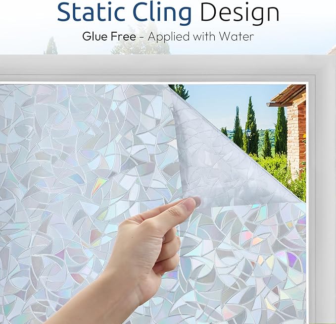 rabbitgoo Window Privacy Film Rainbow Film Decorative Window Sticker, 3D Static Stained Glass Cling Tint for Home Heat Control Non-Adhesive, Grayish Silver, 35.4 x 78.7 inches