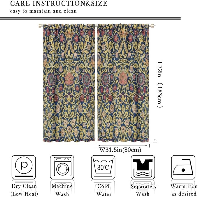 Retro Bohemian William Morris Plant Floral Blackout Window Curtains, Abstract Vintage Country Floral Leaf Pattern Print Window Drapes, for Bedroom Living Room 31.5(W)*72(L) 2 Panels